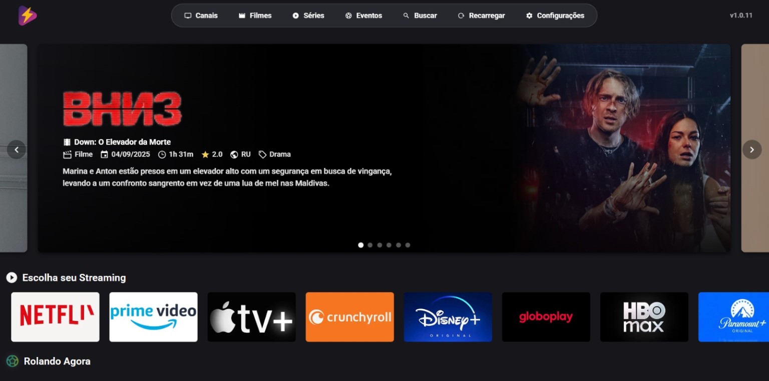 Interface do aplicativo exibindo filmes, séries e canais